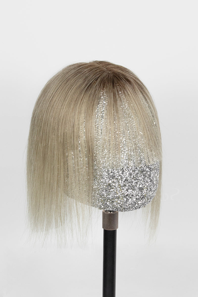 Aria-B Handmade Human Hair Topper with Bangs Ombre Medium Brown Root to Blonde #T4/M616